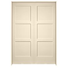 an open white door with four panels on the front and back side, against a white background