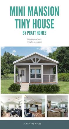 the front cover of a tiny house with pictures of it's porch, kitchen and living