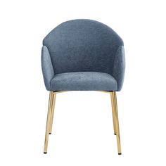 an upholstered blue chair with gold legs and armrests, on a white background