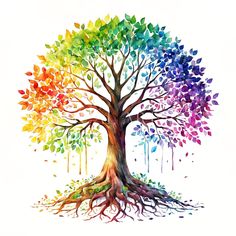 a watercolor painting of a tree with colorful leaves on it's trunk and roots