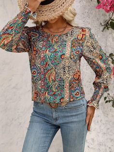 Casual Blouse, Spring And Fall, Office Outfits, Paisley Print, Sleeve Blouse, Paisley, Long Sleeve Blouse, Crew Neck, Long Sleeve