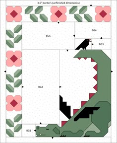 an alligator quilt pattern is shown in green and pink