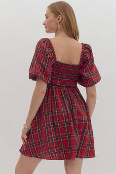 This festive holiday plaid dress is a must-have for any winter event. Featuring a classic plaid print, short puff sleeves, and a square neckline, this mini dress also includes convenient pockets and a smocked back for a comfortable yet stylish fit. The lightweight and non-sheer woven fabric is fully lined and features scalloped detailing for added charm. Perfect for dressing up or down, this dress is a versatile addition to any wardrobe. Plaid Dress Outfit, Plaid Christmas Dress, Amazing Houses, Thanksgiving Dress, Red Plaid Dress, Winter Event, Holiday Plaid, Festive Holiday, Sweater Set