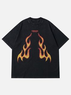 TALISHKO - Washed Flame Print Tee Black Flame Print Top For Streetwear, Casual Flame Print Tops For Streetwear, Casual Black Tops With Flame Print, Casual Acid Wash Shirt For Streetwear, Unique Clothing Style, Graphic Shirt Design, T Shirt Logo Design, Mens Bags Fashion, Shirt Logo Design