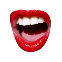 a woman's mouth with white teeth and red lipstick on the bottom part of her lips