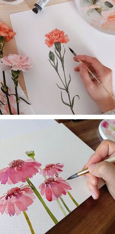 the process of painting flowers with acrylic paint on paper and watercolors