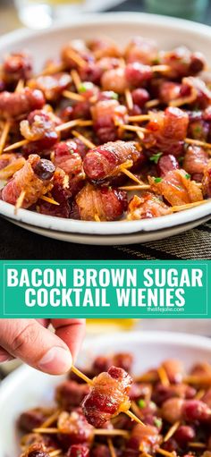 bacon brown sugar cocktail with toothpicks in a white bowl