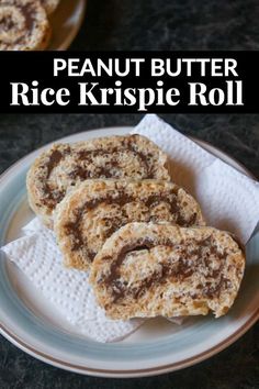 three pieces of peanut butter rice krispie roll on a white and blue plate with text overlay