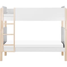 a white bunk bed with wooden ladders on the top and bottom level, against a white background