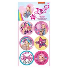 stickers with the words and pictures of barbies in pink, yellow and blue