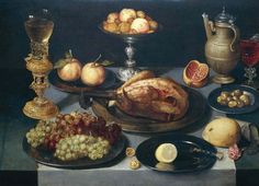 a painting of a turkey and other food on a table