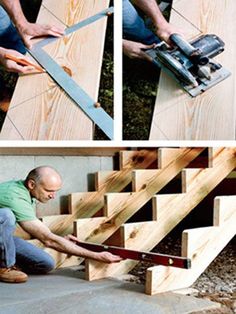 a man is working on some stairs with a power drill and a circular sawhorse