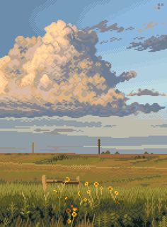 a pixellated image of a bench in the middle of a field with flowers and clouds