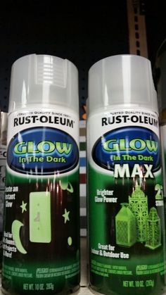 two bottles of rust - oleum glow in the dark sprays on a shelf