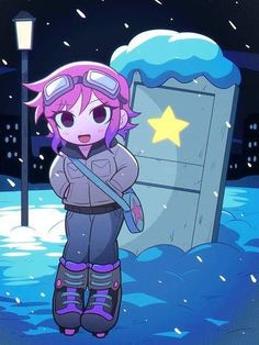 a cartoon character standing in the snow next to a street light with a star on it