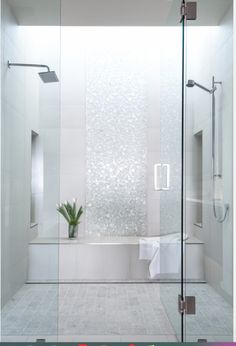 a bathroom with a glass shower door and white tile flooring, along with a plant in the corner