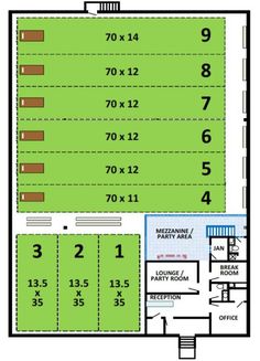 the floor plan for this soccer field is shown in green and has numbers on it