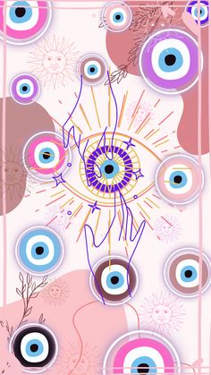 an abstract painting with blue and pink circles on it's sides, in the middle of