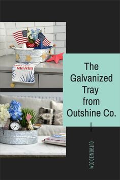 the galvanized tray from outshine co is decorated with patriotic flags and flowers