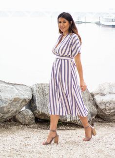 The Madrid Midi Dress features a cinched waist with back zipper. Striped Midi Dress, Summer Breeze, Cinched Waist, Madrid, Shirt Dress, Midi Dress, Zipper