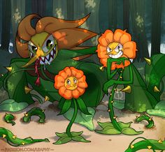 an image of a cartoon character with flowers in the foreground and another creature on the background