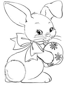 a cartoon bunny holding an easter egg with flowers on it's chest, outlined in black and white