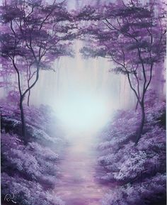 a painting of purple trees and water