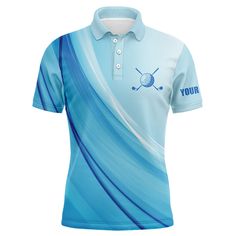 a blue polo shirt with two crossed golf clubs on it