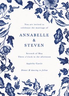 a blue and white floral wedding card