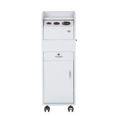 a white cabinet on wheels with two doors and three knobs in the middle, against a white background