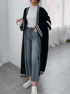 Long Acrylic Outerwear For Winter, Casual Black Long Coat Cardigan, Black Long Coat-style Casual Cardigan, Casual Long Black Cardigan, Black Long Coat Cardigan Casual, Oversized Black Cardigan For Spring, Black Casual Acrylic Cardigan, Oversized Long Acrylic Outerwear, Black Open Front Sweater For Spring