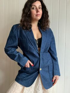 "BURBERRY'S 90s Blue Denim Blazer.  \"Burberry's\" tag, made in 90s. SIZE.  Size Medium  Length 76 cm Bust 96 cm Waist 88 cm Shoulder to shoulder 42 cm Sleeve length 55 cm  100% cotton. Fastens with two golden tone metal buttons with Burberry  logo.  CONDITION. Very good condition. Signs of wear on the denim only on the neckline inside." White Floral Lace Dress, Upcycled Jackets, Burberry Logo, Vintage Jean Jacket, Cute Short Dresses, Jean Vintage, Dark Denim Jeans, Denim Blazer, Long Blazer