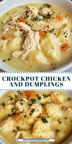 two bowls of crockpot chicken and dumpling soup with the title above it