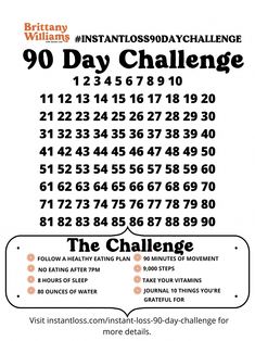 the 90 day challenge poster with numbers and times to go on each page in it