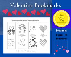 valentine's day bookmarks with hearts and teddy bears in the middle, on a blue background