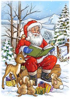 a santa claus reading a book in the snow with his reindeer and baby deer beside him