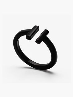 Locked and Layered - Two-T Adjustable Ring - Black Matte-Locked and Layered-treehaus Trendy Black Rings For Everyday Wear, Black Trendy Rings For Everyday, Trendy Black Everyday Rings, Modern Black Adjustable Rings, Adjustable Black Rings For Everyday Wear, Minimalist Adjustable Black Rings, Black Open Midi Rings For Promise, Black Open Midi Ring For Promise, Trendy Black Open Ring