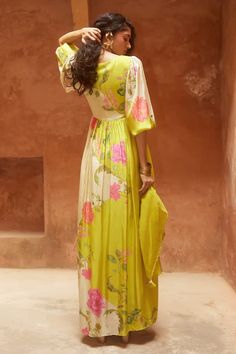 Lime yellow habutai padded maxi dress with pink florals, adorned with hand-highlighted flowers in the yoke. - Aza Fashions Paulmi And Harsh, V Neck Maxi Dress, Lime Yellow, Maxi Dress For Women, Beaded Neckline, Floral Print Maxi Dress, Floral Print Maxi, Scarf Pattern, Dress For Women