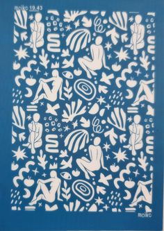 a blue and white pattern with people on it