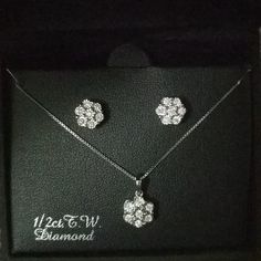 Sterling Silver 1/2ct. T.W. Diamond Earring And Necklace Set. Nwt, Still In The Box They Came In. Diamond Accented Round Cut Jewelry Sets For Gifts, Diamond Accents Jewelry Sets With Round Cut For Gift, Jewelry Sets With Round Cut Diamond Accents For Gifts, Diamond White Jewelry Sets With Diamond Accents For Gift, Fine Jewelry In Diamond White For Anniversary, Fine Jewelry Diamond White For Anniversary, Diamond White Fine Jewelry For Anniversary, White Diamond Jewelry For Anniversary, Diamond White Round Cut Jewelry Set For Gift