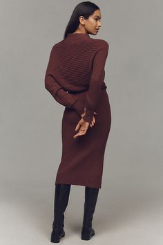 50% viscose, 28% polyester, 22% nylon bodice; 45% viscose, 28% nylon, 26% polyester, 1% elastane skirt Pullover styling Machine wash Imported | Long-Sleeve Slim Sweater Midi Dress by Anthropologie in Brown, Women's, Size: XL, Polyester/Nylon/Viscose Sweater Midi Dress, Slim Sweater, Workwear Fashion, Sweater Dress Midi, Sweater Design, Office Outfits, Pullover Styling, Midi Skirt, Work Wear