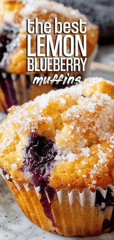 blueberry muffins with powdered sugar on top and the title, the best lemon blueberry muffins