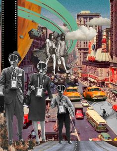 collage of people wearing gas masks and standing in the middle of a city