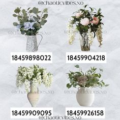 four vases with different flowers in them on a white tablecloth, each containing the same number