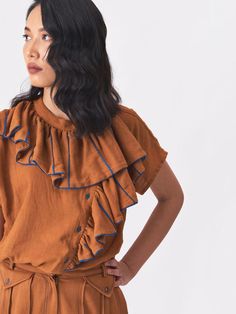 Dorothy | Womens Organic Cotton Shirt | Cross A Line | IKKIVI Brown Ruffled Top With Short Sleeves, Brown Ruffled Blouse For Work, Chic Brown Cotton Blouse, Brown Ruffled Short Sleeve Blouse, Shirt With Ruffles, Dinner Party Dress, Luxury Sustainable, Denim Essentials, Luxury Wear