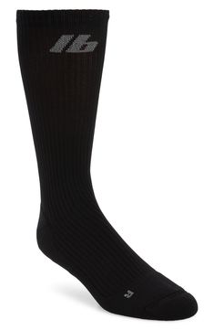 The label's athletic logo races across the top of tall socks knit in Italy from breathable, stretch-softened yarns. Polyamide/elastane Machine wash, dry flat Made in Italy Black Mid-calf Socks, Black Stretch Ribbed Socks, Black Ribbed Stretch Socks, Fitted Black Sports Socks, Black Stretch Breathable Knee-high Socks, Sporty Fitted Black Socks, Black Compression Breathable Knee-high Socks, Classic Black Knee-high Socks, Fitted Breathable Black Socks