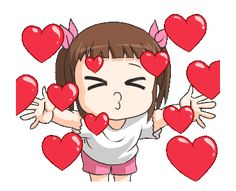 the girl is surrounded by hearts with her arms spread out and hands outstretched in front of her face