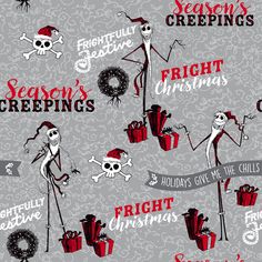 a christmas wrapping pattern with skeletons and presents on grey background, which says season's greetings