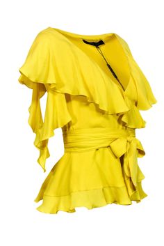 Live life on the sunny side in this bright and bubbly blouse from Elie Saab! The classic wrap blouse is given a vibrant upgrade with a yummy yellow hue, whimsical ruffled trim and chic cold shoulder cutouts. The perfect statement top for brunch parties, backyard get-togethers and beyond! Go colorful and eye-catching when you pair this beauty with radiant white jeans and woven wedges. Size 2 (EU 36) No fabric content available, most likely silk or silk blend Front wrap closure w/ snaps at waist L Summer Party Blouse With Ruffle Hem, Chic Yellow Top For Brunch, Elegant Yellow Blouse For Brunch, Spring Party Blouse With Ruffle Sleeves, Elegant Yellow Tops For Brunch, Flowy Yellow Blouse For Day Out, Spring Party Wrap Tops, Elegant Yellow Summer Tops, Elegant Yellow Tops For Summer