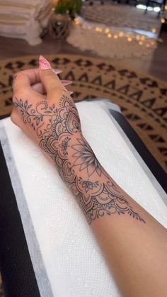 #tattoo #tattoos #tattooart #tattoodesign #tattoodesign #tattoogirl #tattoosleeve #tattooflower Mandala Hand Tattoos, Henna Inspired Tattoos, Hand And Finger Tattoos, Boho Tattoos, Pretty Hand Tattoos, Forearm Tattoo Women, Hand Tattoos For Women, Pretty Tattoos For Women, Dope Tattoos For Women